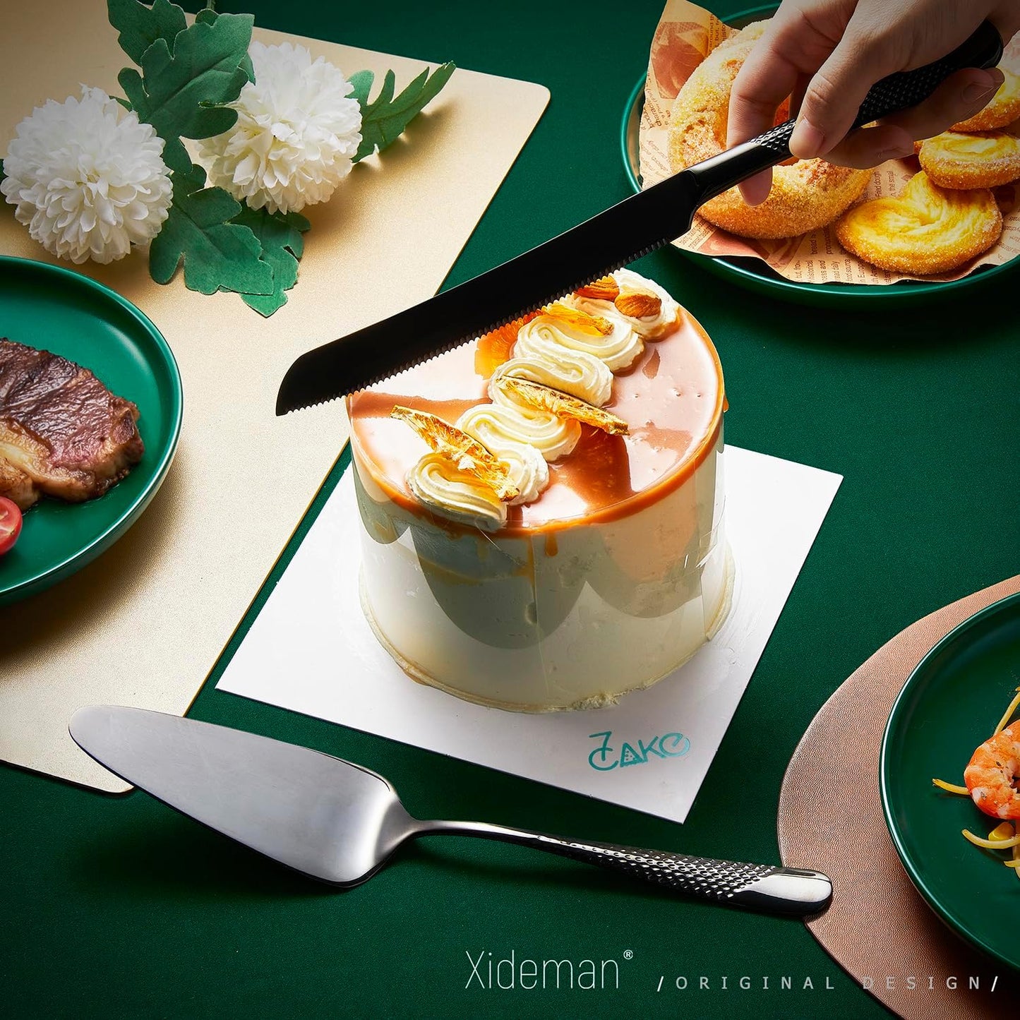 Xideman® 7-Piece Hammered 18/10 Stainless Steel Silverware Serving Utensil Set - Hostess Flatware with Cake Knife & Cake Server (Champagne Gold)