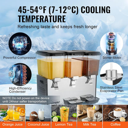 VEVOR Commercial Beverage Dispenser, 2 Tanks 18 L / 19 QT Per Tank Juice Dispenser, 370W Stainless Steel Ice Tea Drink Machine with 45°F-54°F Cooling Temperature, for Cold Drink Restaurant Bar Party