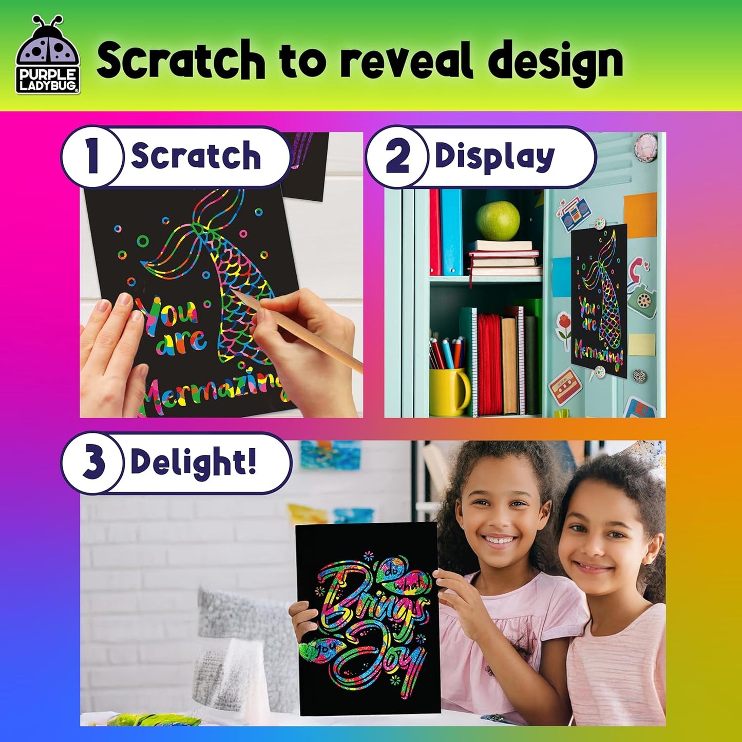 PURPLE LADYBUG Scratch Art for Kids - 150 Rainbow Scratch Art Mini Notes Arts and Craft Supplies, Crafts for Kids Ages 4-12, Mothers Day Note Cards, Kid Summer Activities for Camping & Summer Crafts