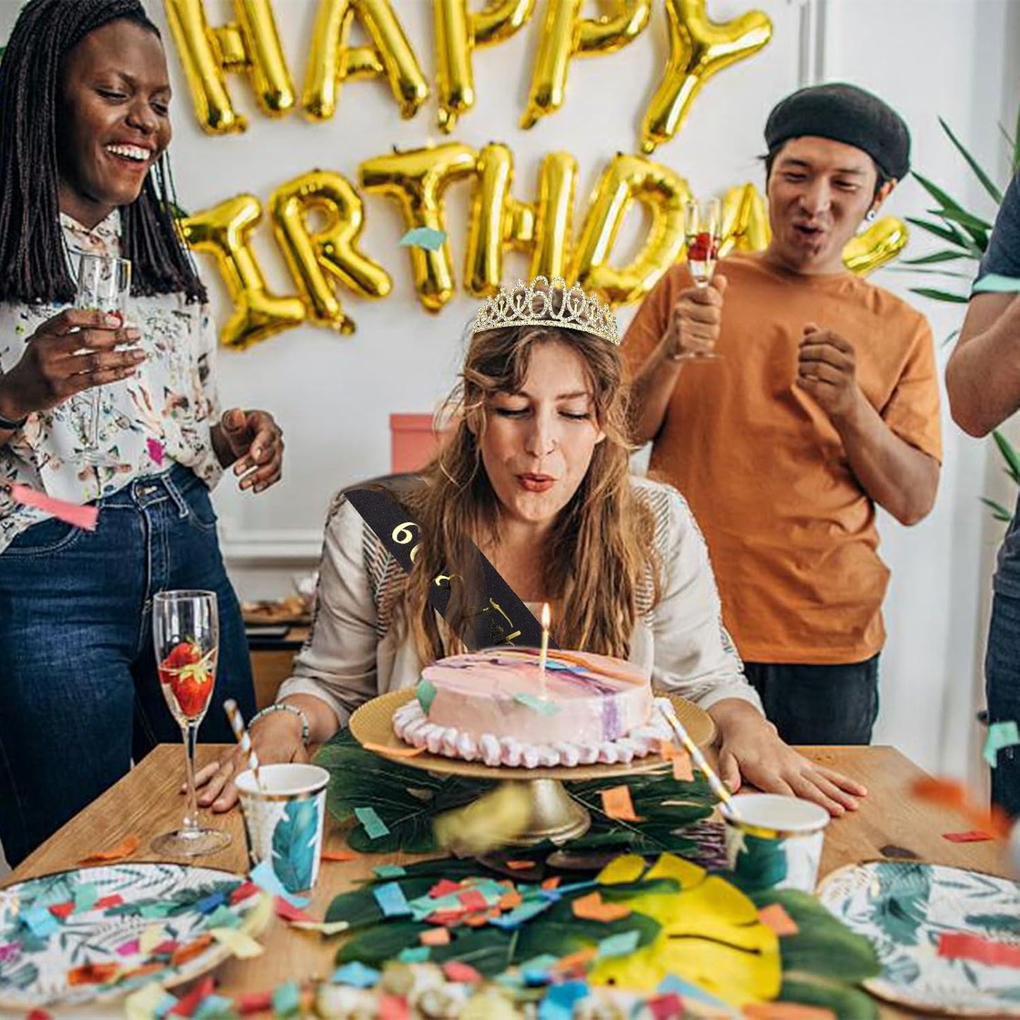 Semato 60 & Fabulous Birthday Crown and Sash Kit- 60th Birthday Gifts for Women 60th Birthday Party Decorations (rose gold)