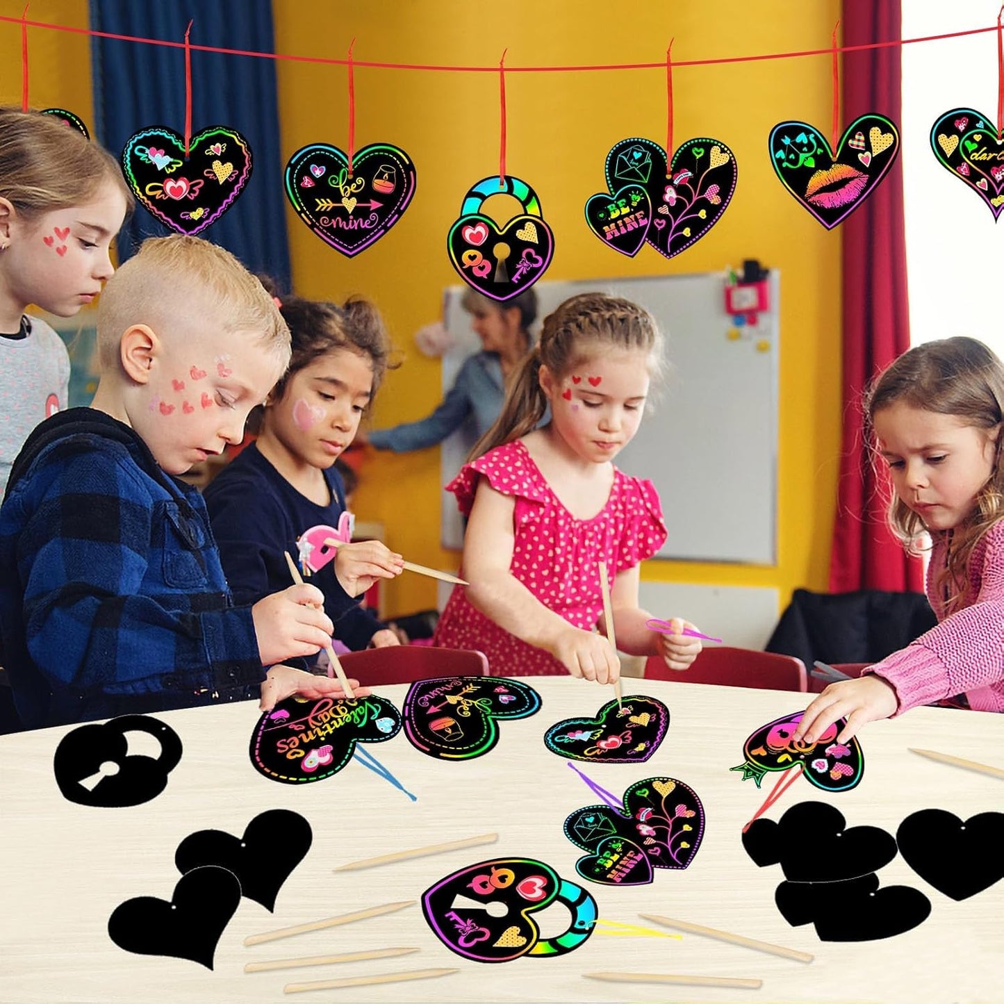 FEBSNOW Valentines Crafts for Kids, 48 PCS Heart Rainbow Magic Scratch Art Day Cards for Kids Classroom Scratch Paper Art for Valentines Day Gifts Party Favors witn Heart Stickers