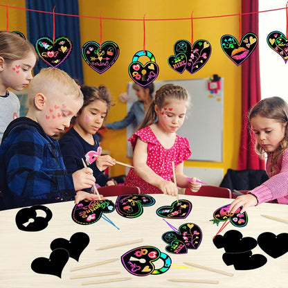 FEBSNOW Valentines Crafts for Kids, 48 PCS Heart Rainbow Magic Scratch Art Day Cards for Kids Classroom Scratch Paper Art for Valentines Day Gifts Party Favors witn Heart Stickers