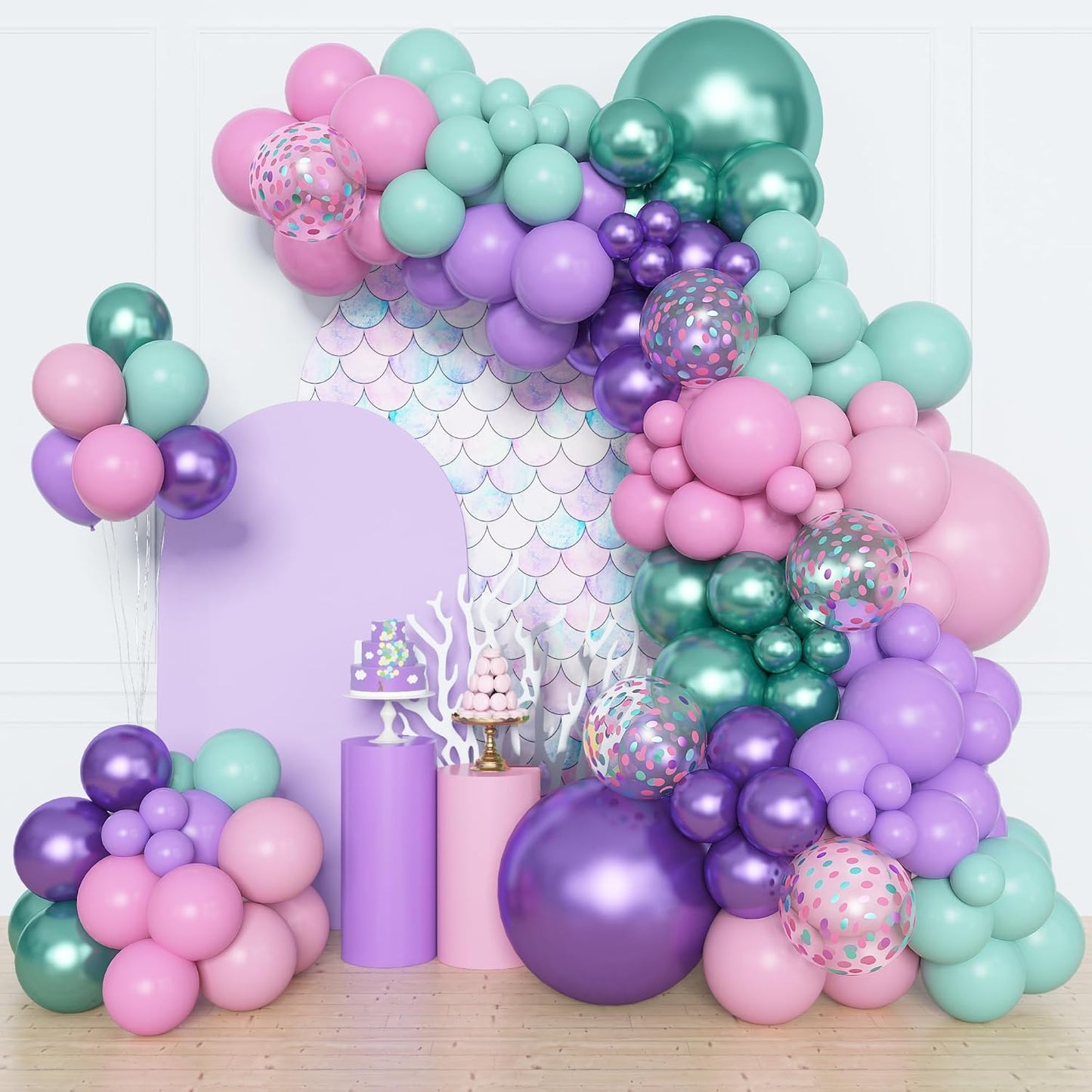 Amandir 153pcs Purple Blue Pink Balloon Garland Arch Kit, Different Sizes 18 12 10 5 inch Teal Yellow Latex Metallic Confetti Balloons for Magic Birthday Engagement Party Decoration