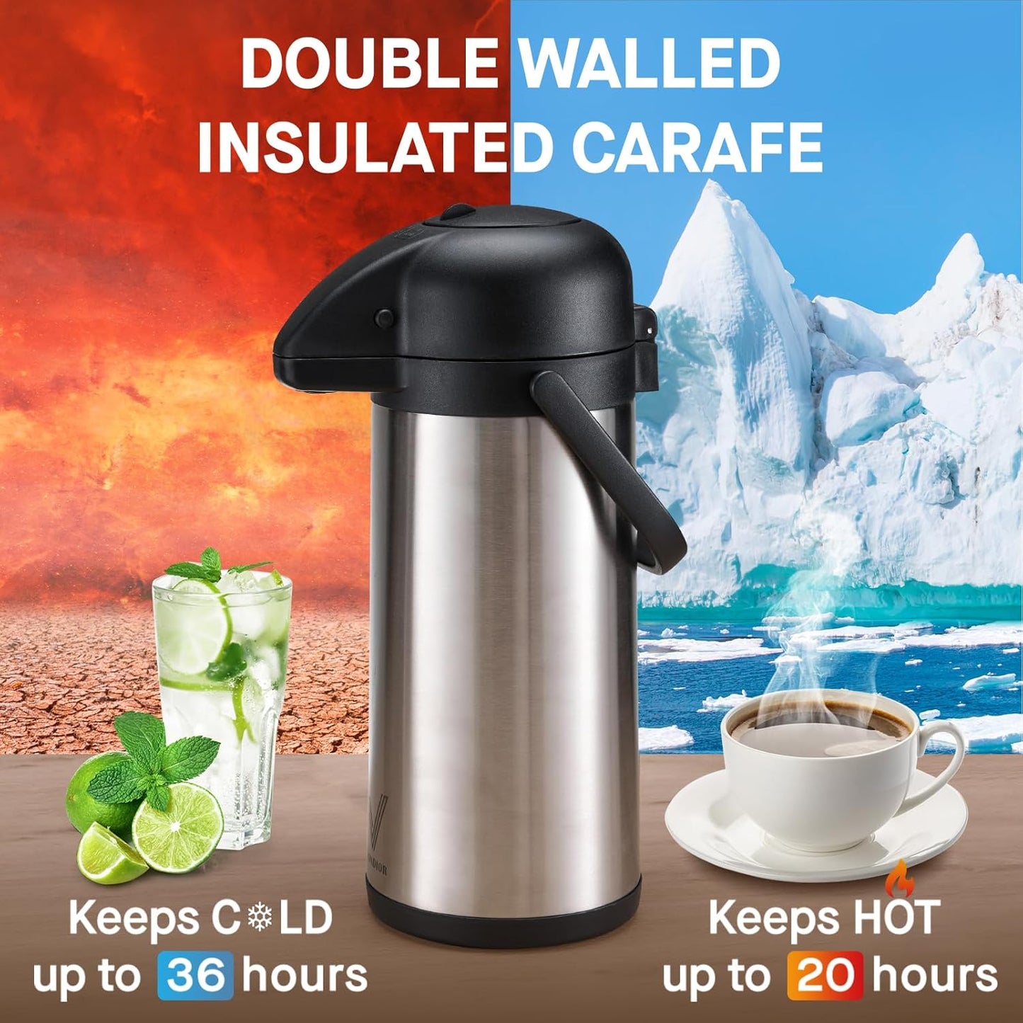 Coffee Carafe for Keeping Hot - 102oz/3L Airpot Coffee Dispenser with Pump - Insulated Stainless Steel Hot Beverage Dispenser for Parties - Thermal Carafe for Hot Drinks Water Tea Chocolate