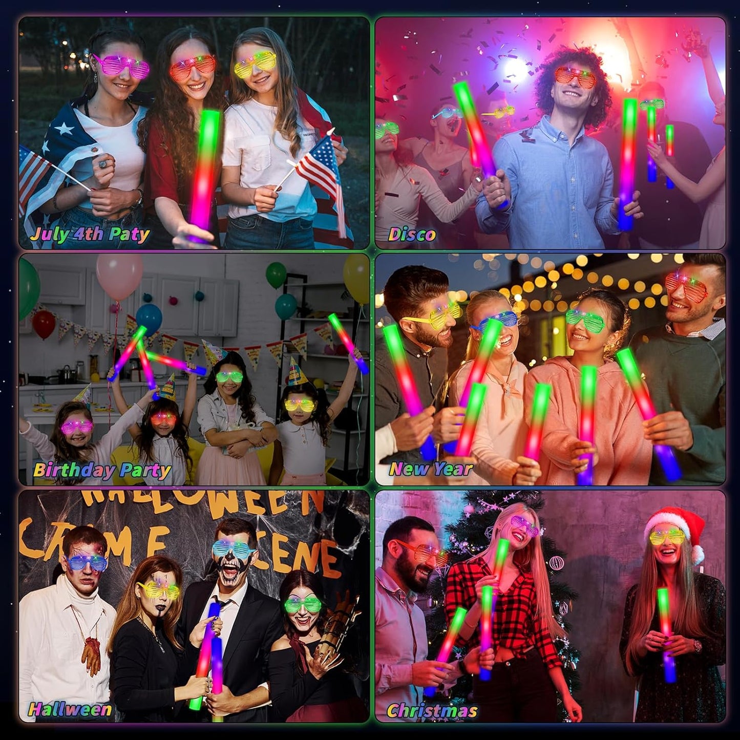 Oleitodh Glow in the Dark Party Supplies Set Bulk Neon Party Favor Toys Includes 30 Led Light up Glasses 10 Color 30 Light up Foam Sticks Bulk for Disco Wedding Birthday Concert Halloween Raves Party