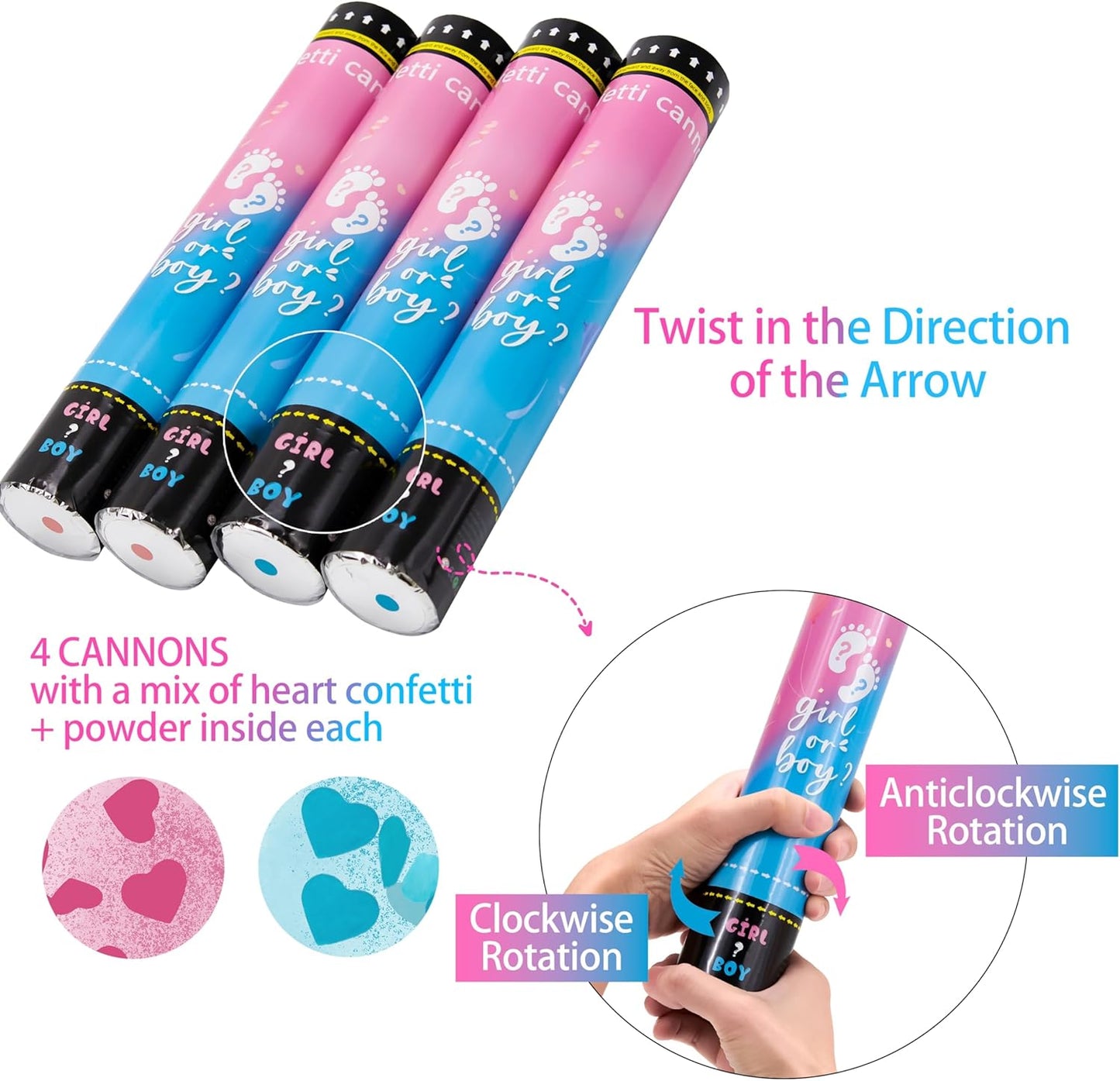 Crisky Gender Reveal Confetti Cannon Heart Shaped Confetti Poppers 4 Pack (Pink) for Baby Shower Baptism Party Cannons Shooter Blaster