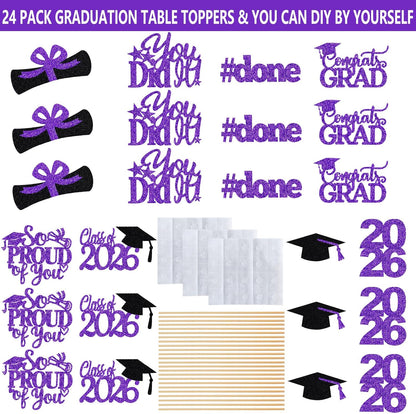 24Pcs 2026 Graduation Table Centerpieces Gold, Graduation Centerpieces for Tables 2026 Gold Class of 2026 Graduation Centerpiece Sticks for 2026 Graduation Party Table Decorations Gold