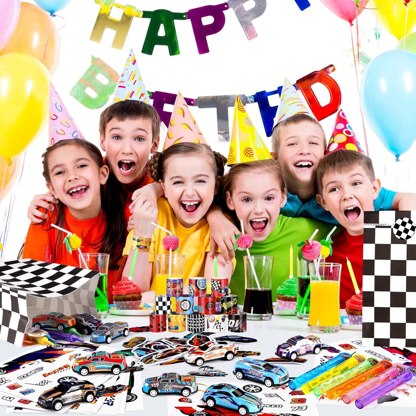 Vanblue 110Pcs Race Car Party Favors Themed Birthday Decorations Supplies Straw Bubble Slap Bracelet DIY Sticker Toy Gift for Boy Kids Treat Candy Bags Stuffers Classroom Rewards