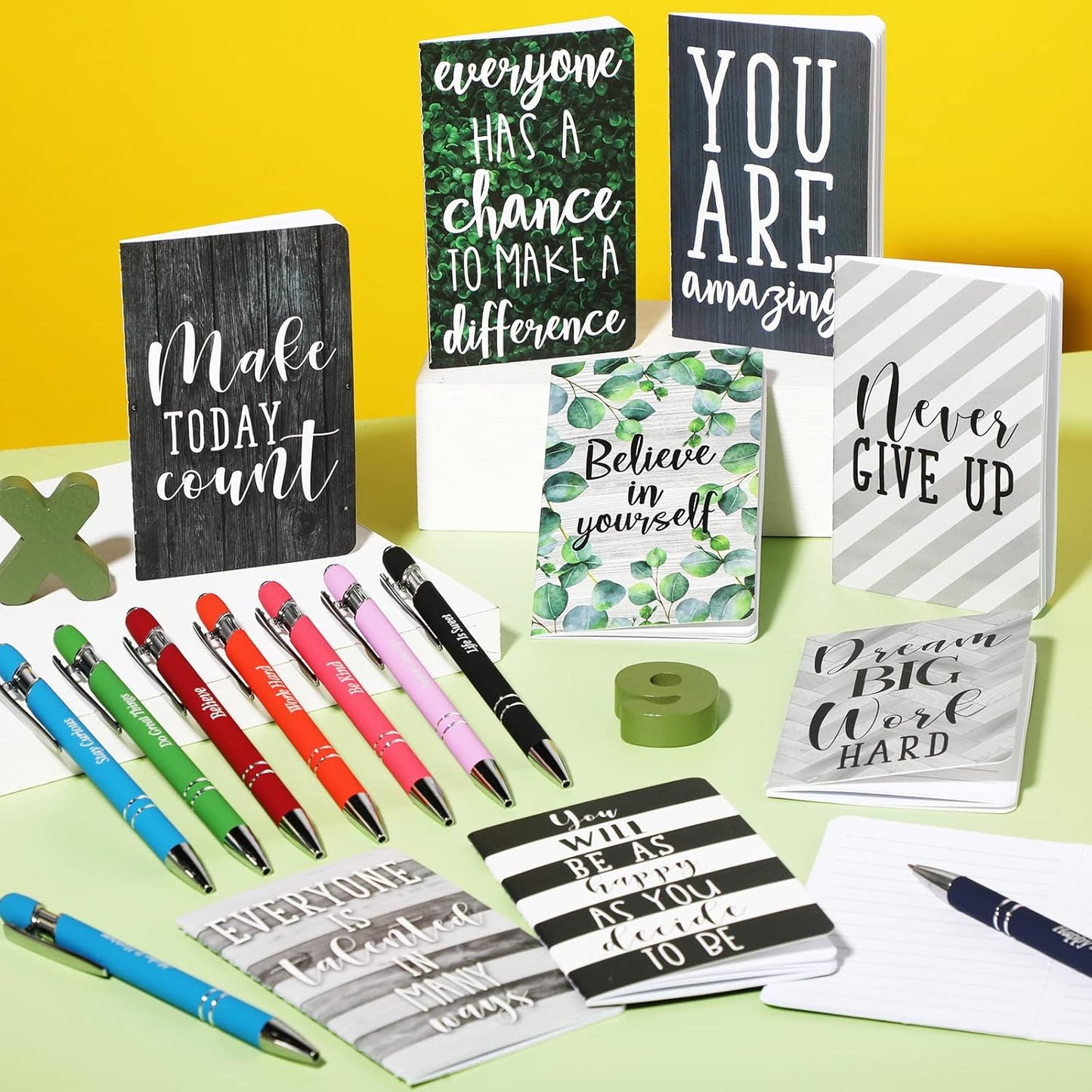 Funrous 32 Pcs Motivational Quote Pens Inspirational Notepads Mini Journal with Ballpoint Pen Small Notebooks Gift for Men Women Coworker Adult Party Favors Prize Teacher Student Office(Stylish)