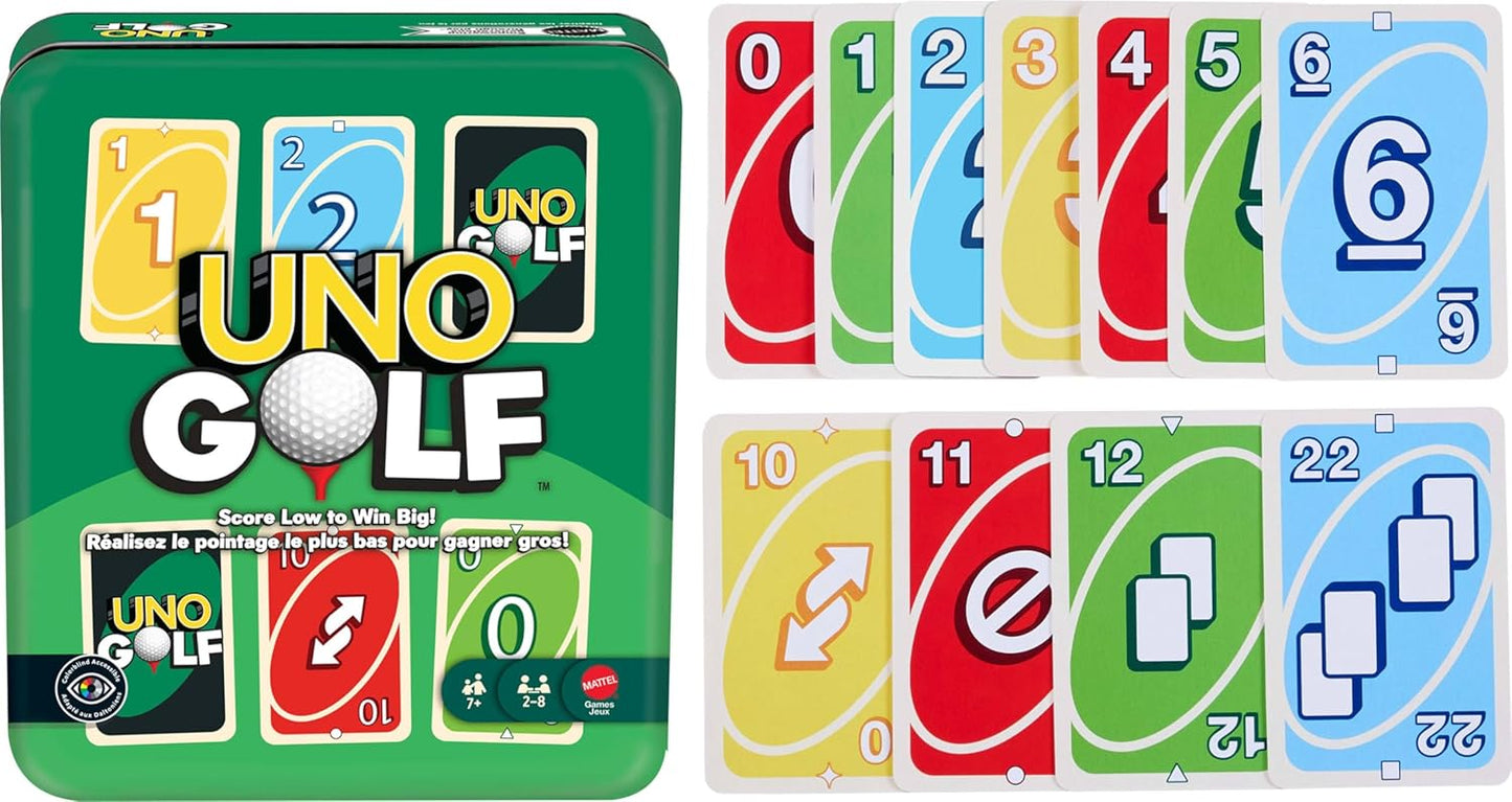Mattel Games UNO Golf Card Game in Storage & Travel Tin for Kid & Family Nights, Parties & Vacations, 2 to 8 Players Ages 7+ Years (Amazon Exclusive)