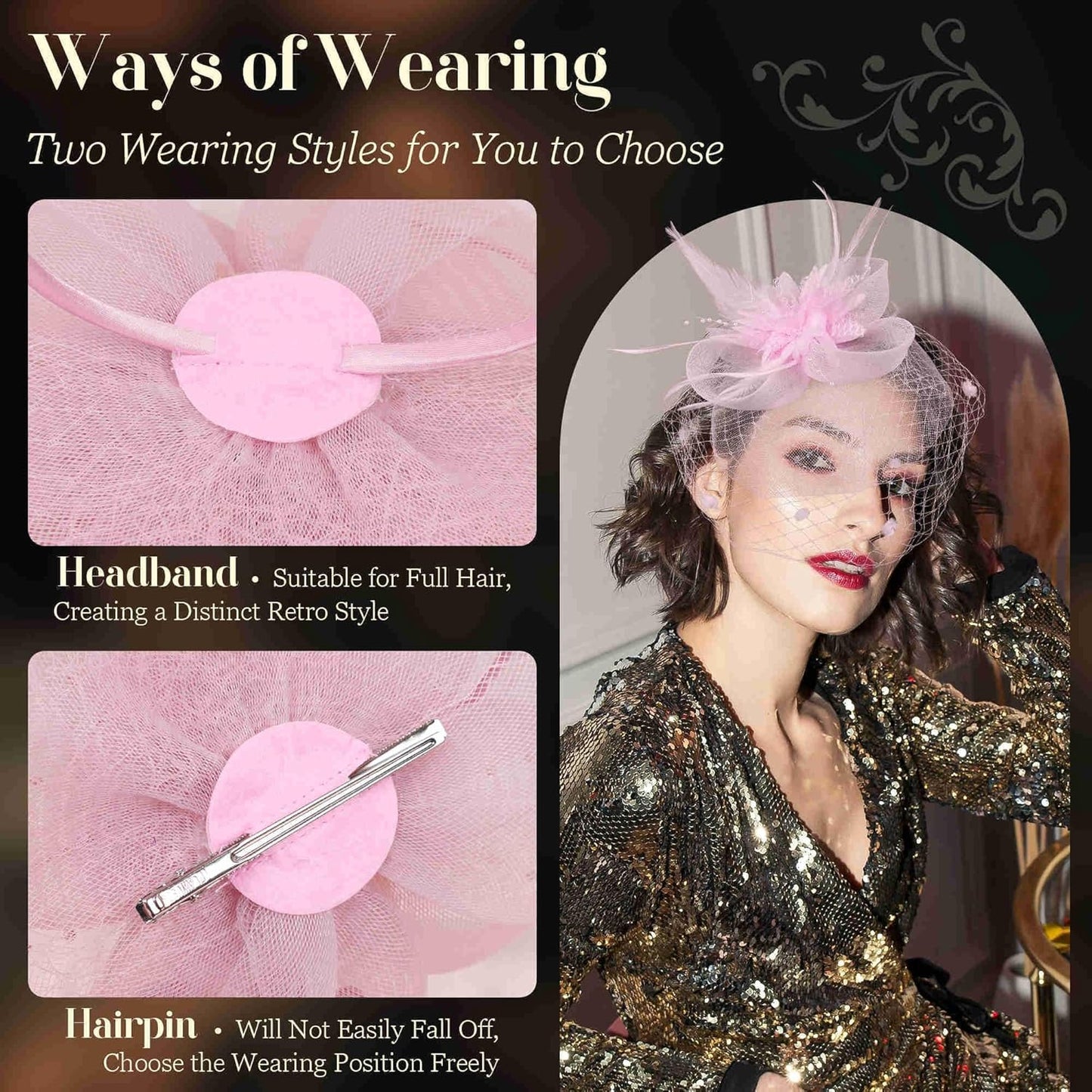Fascinators Hats for Women Tea Party Hat Feather Mesh Headband Vintage Lace Cocktail Headwear Veil Hair Clip Church