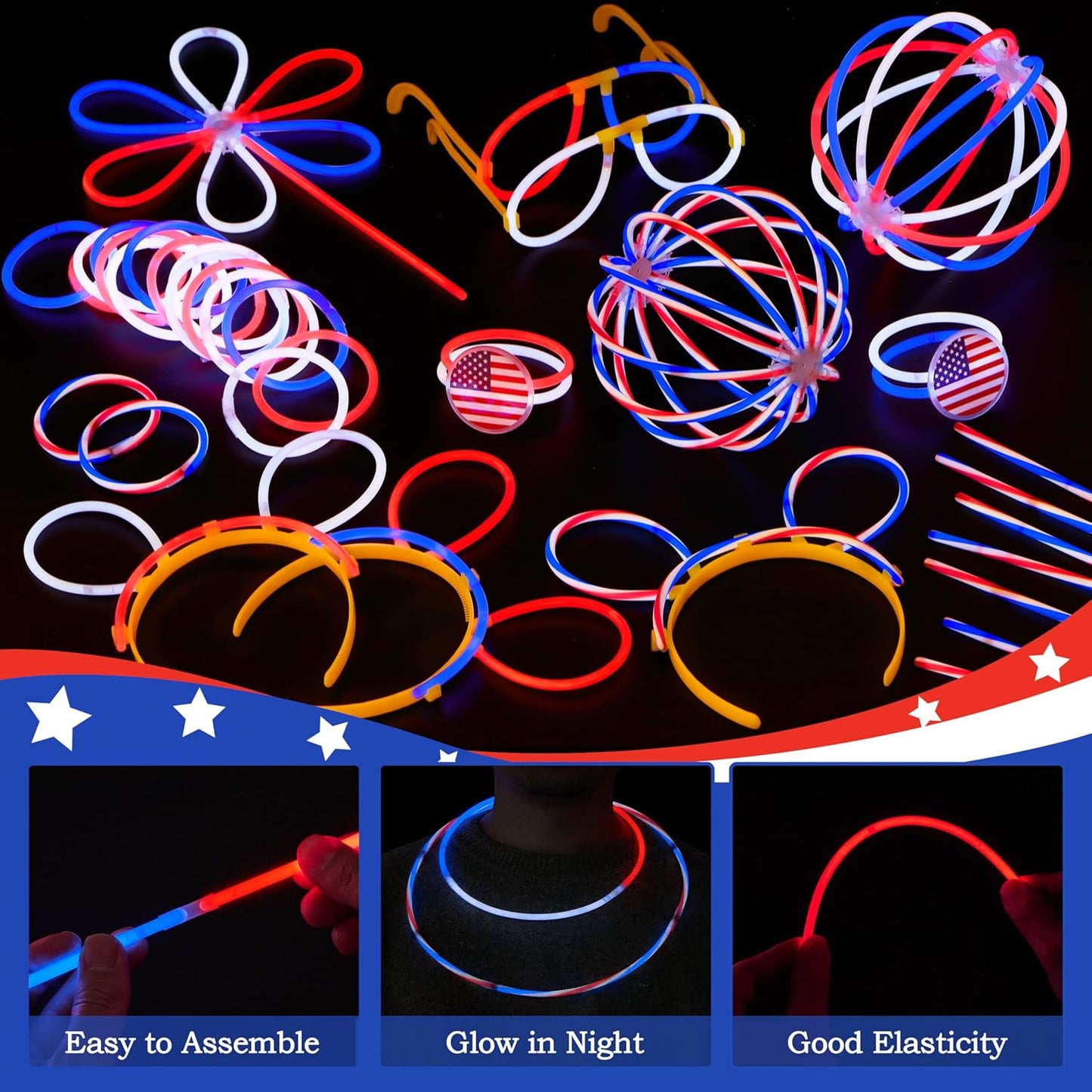 JOYIN 120 Pcs 4th of July Glow Sticks Bulk, 8” Red White Blue Striped Lightup Sticks with Connectors, Glow in the Dark Headband Bracelet Necklace for Independence Day Party Favor Accessory Supply