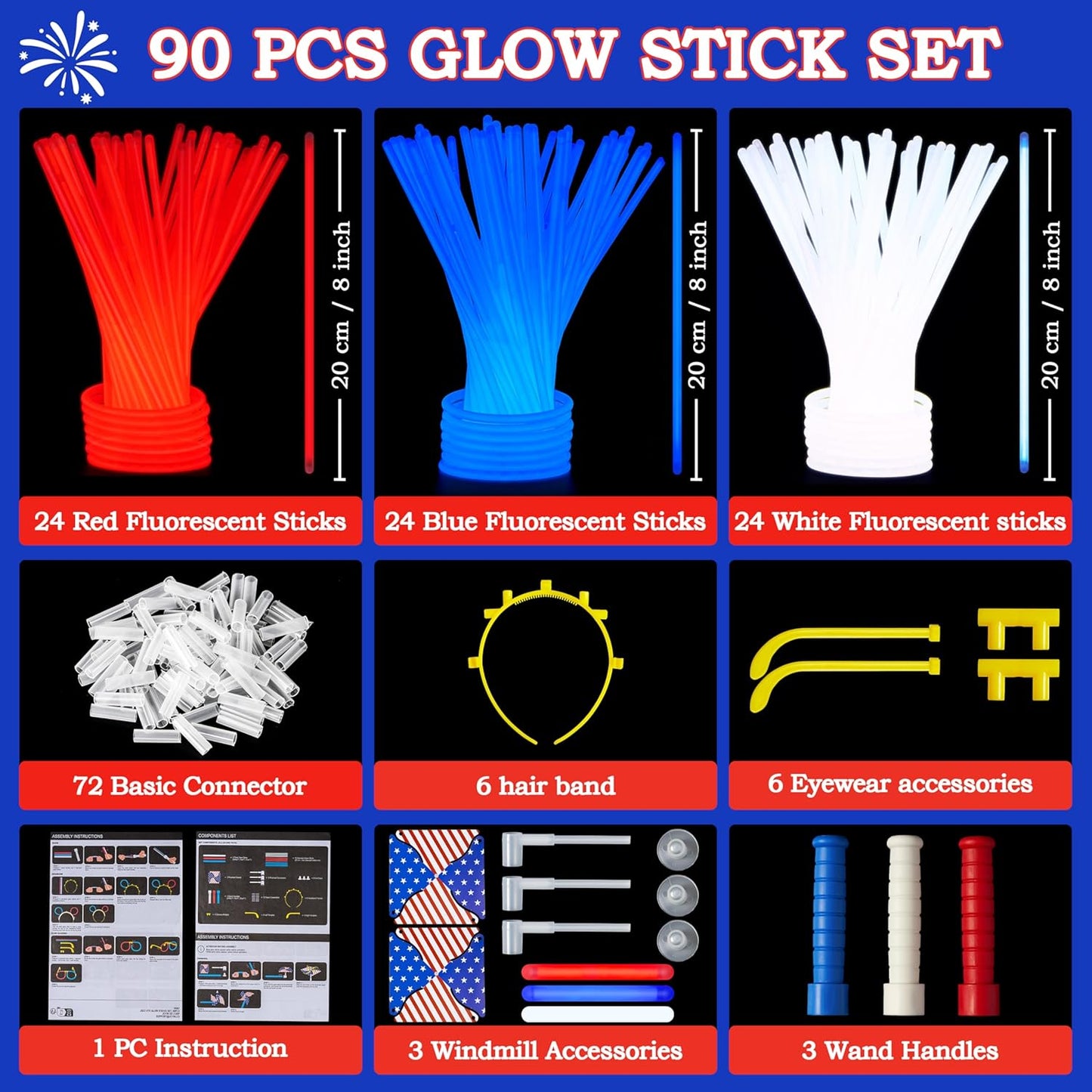 JOYIN 90 PCS July 4th Glow Sticks Set, Red White Blue Patriotic Glow Sticks with Connectors, Glow in the Dark Pinwheels Wands, Headbands & Glasses Party Favors for Independence Day Accessory Decor