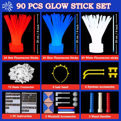 JOYIN 90 PCS July 4th Glow Sticks Set, Red White Blue Patriotic Glow Sticks with Connectors, Glow in the Dark Pinwheels Wands, Headbands & Glasses Party Favors for Independence Day Accessory Decor
