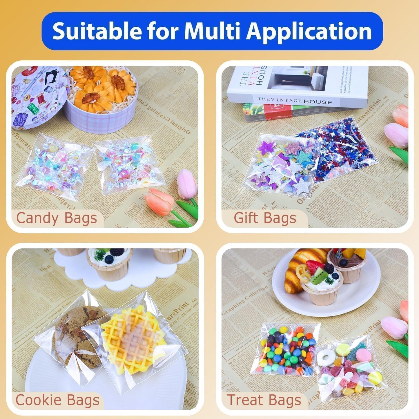 PigPotParty Cookie Bags 4''x 6", 100 Pcs Self Sealing Cellophane Treat Bags, Small Clear Plastic Goodie Bag for Gift, Snack, Party Favor, Candy