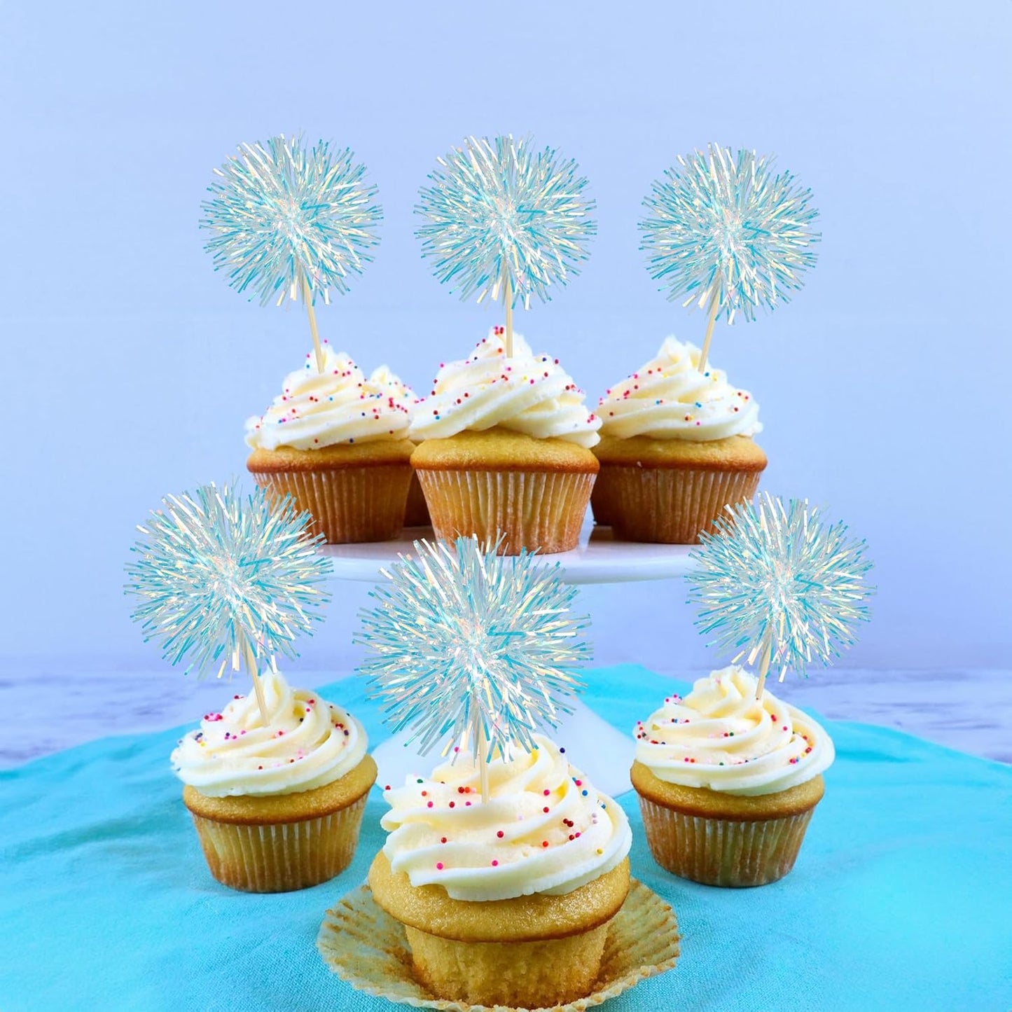 Ephlyn 30Pcs Foil Firework Cupcake Toppers Sparkle Tinsel Cupcake Picks Drink Stirrers Cocktail Food Fruit Toothpicks for Baby Shower Graduation Party Supplies White