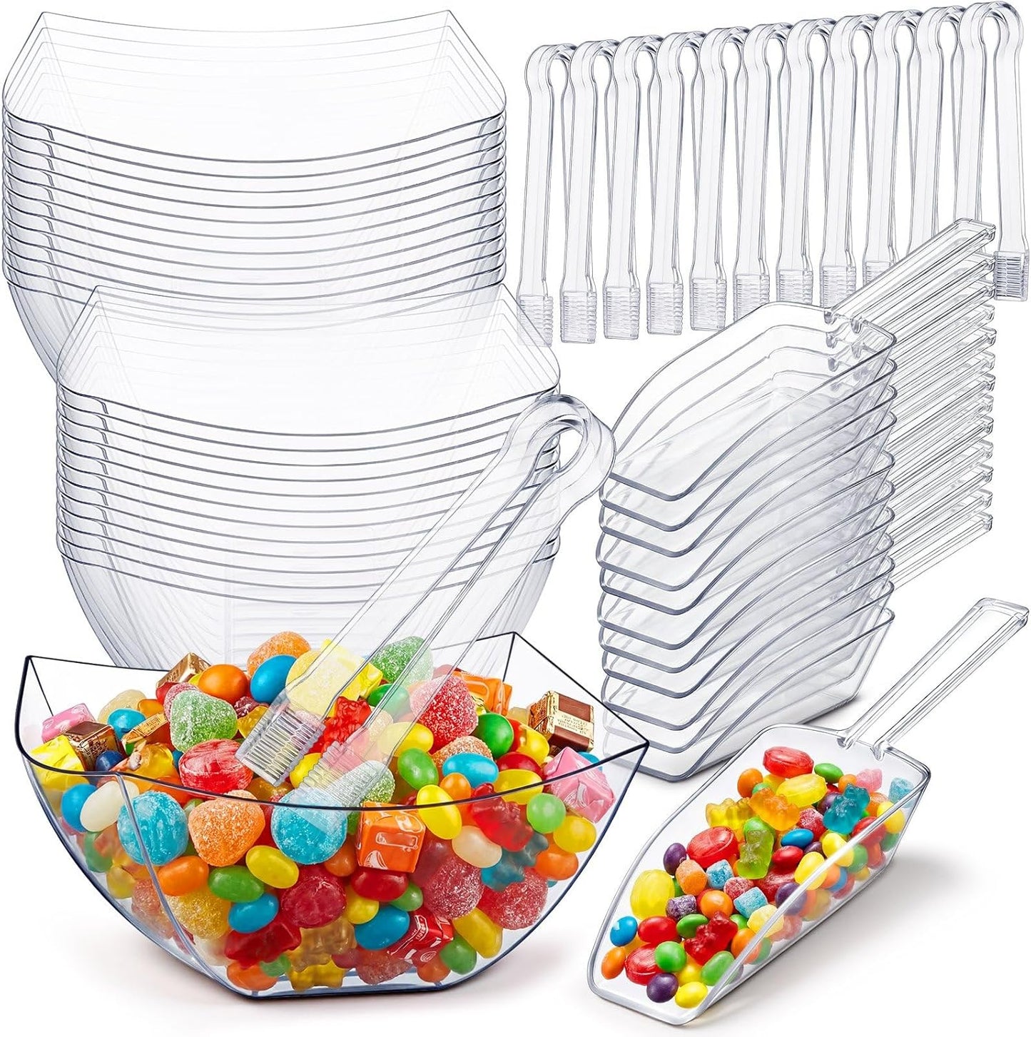Vesici 48 Pcs 8 oz Clear Plastic Candy Bowls 24 Pcs with 12 Scoops and 12 Tongs Square Dessert Candy Bowl Buffet Containers Disposable Party Ice Cream Salad Dish for Serving Food Appetizers Supplies