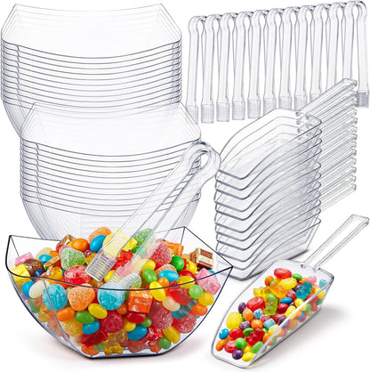 Vesici 48 Pcs 8 oz Clear Plastic Candy Bowls 24 Pcs with 12 Scoops and 12 Tongs Square Dessert Candy Bowl Buffet Containers Disposable Party Ice Cream Salad Dish for Serving Food Appetizers Supplies
