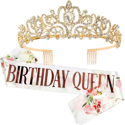 COCIDE Birthday Queen Sash & Rhinestone Tiara Set Gold Happy Birthday Crowns for Women Party Decoration Kit Rhinestone Headband for Women Glitter Crystal Hair Accessories for Cake Topper