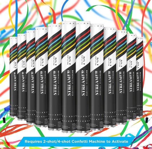 Electric Streamer Cannon Cartridges, 12pcs. - 16" Multi Color Streamer Poppers for Weddings, Parties, Events | Requires 2-shot/4-shot Confetti Machine to Activate