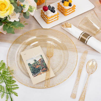 WELLIFE 350-Piece Gold Disposable Plates and Cutlery Set - Premium 10.25" Dinner Plates, 7.5" Dessert Plates, 9oz Cups & Cutlery for Weddings, Catering Events - 50 Guest Service - Elegant & Sturdy