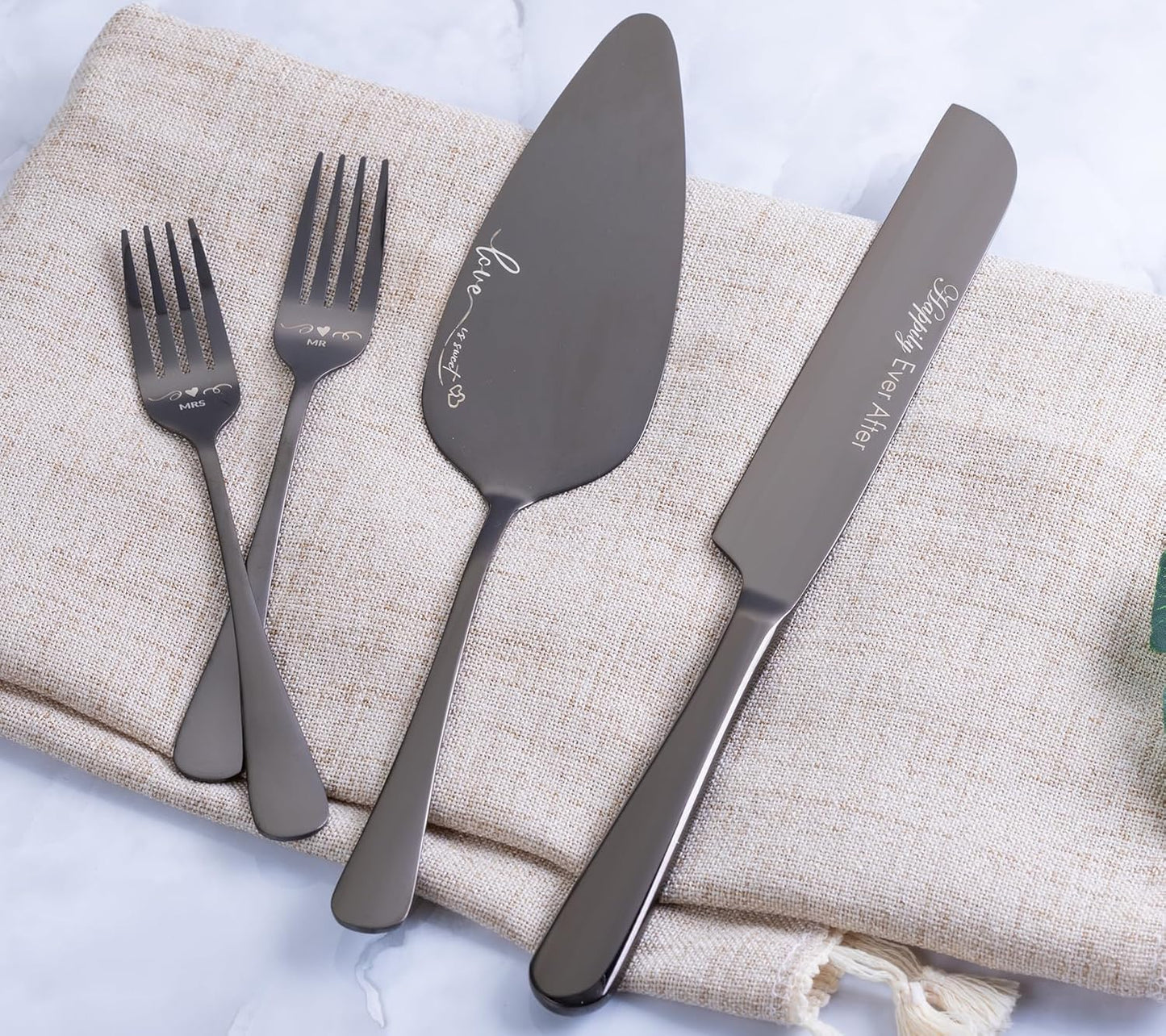 Wedding Cake Knife and Server Set with Forks, Engraved Cake Cutting Set for Wedding Anniversary Christmas Engagement（Gold