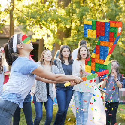 Number 7 Pinata Building Blocks with Pinata Stick Blindfold 7th Birthday Party Decorations Happy Birthday Building Block Theme Anniversary Party Supplies for Kids (Small, 16 x 10.6 x 3 in)