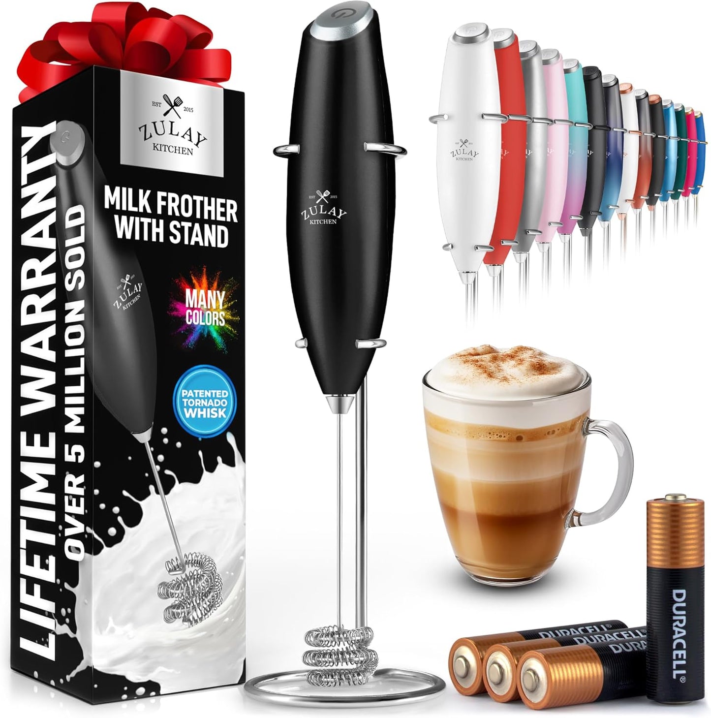 Zulay Kitchen Powerful Milk Frother Wand With Duracell Batteries - Ultra Fast Handheld Drink Mixer - Electric Whisk Foam Maker for Coffee, Lattes, Cappuccino & Matcha - Z1 Motor - Black - Colors A