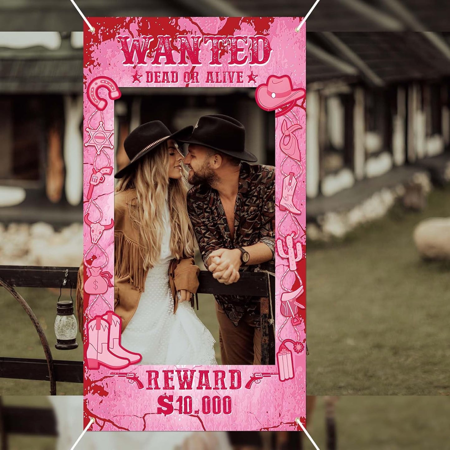 Large Western Wanted Poster Western Cowboy Party Decoration Wanted Photo Booth Frame Wild West Selfie Banner Backdrop for West Cowboy Birthday Party Retro Rustic Decoration Supplies (Brown)