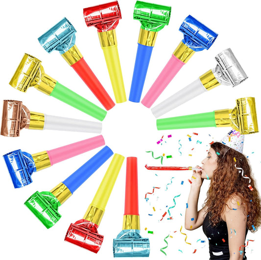 12 Pcs Party Blowers, Colorful Noise Makers Funny Blow Horns for Birthday New Years Graduation Sporting Events Party Favor Supplies (Metallic)