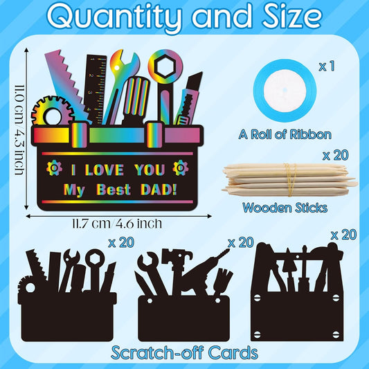 CY2SIDE 60PCS Father’s Day Tool Box Scratch Card Ornament Gift for Dad DIY Christian Tool Box Scratch Paper Art for Kids Sunday School Activity Magic Art Rainbow Color Craft Religious Hanging Decor