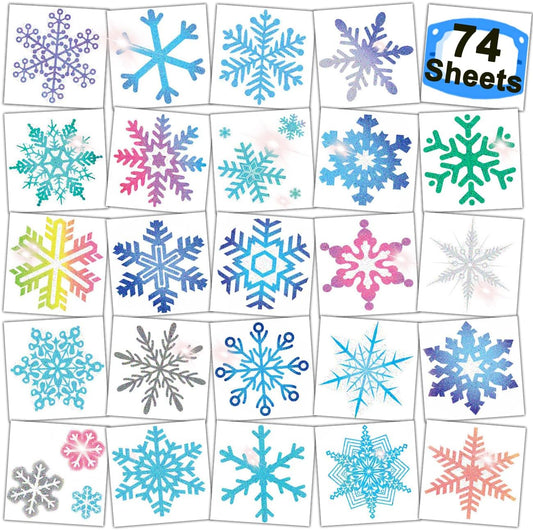 CHARLENT Glitter Snowflake Temporary Tattoos for Kids Party Supplies - 74 Individually Sheets Glitter Winter Snowflake Tattoos for Boys Girls Holiday Party Favors