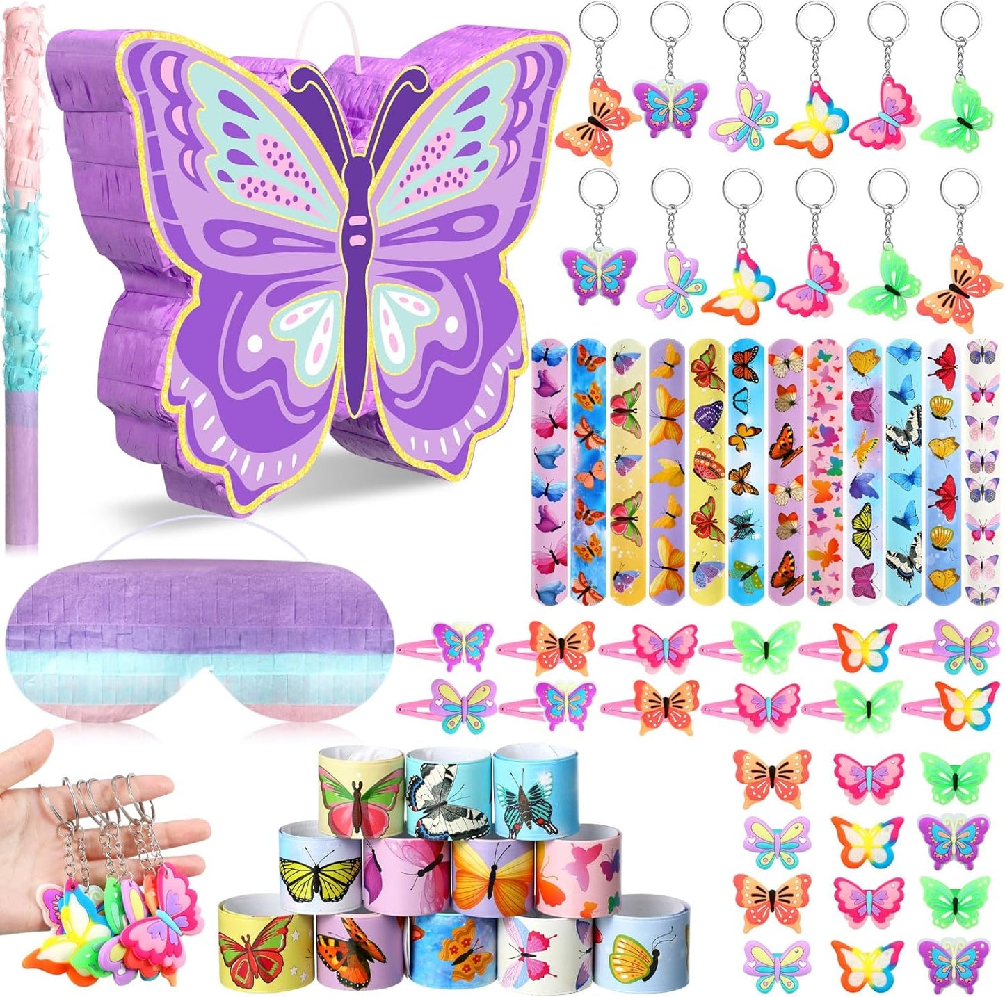 Pasimy 51 Pcs Butterfly Piñata Set Butterfly Birthday Party Supplies Piñata with Stick Blindfold Sticker Hairpin Ring Slap Bracelet Keychain Party Favors for Family Game Decoration(Pink)