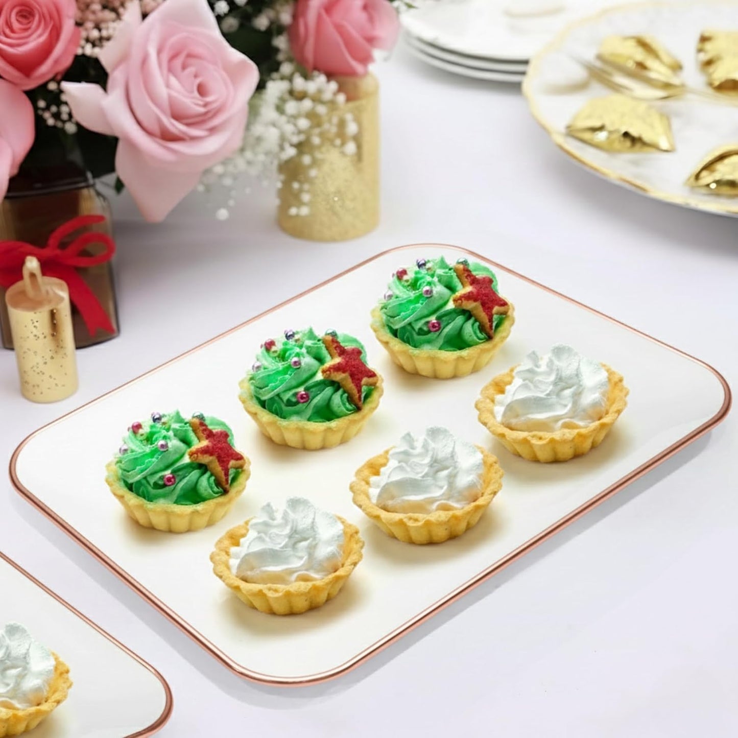 3 Pack Plastic Serving Trays for Party - Gold Serving Tray 8 x 11 Inch - Heavy Duty Dessert Trays for Food - Rectangular Party Serving Trays for Entertaining - Clear Cookie Platters