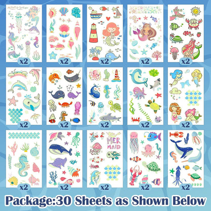 Partywind 380 Styles (30 Sheets) Luminous Tattoos for Kids, Mixed Styles Temporary Tattoos Stickers with Mermaid/Dinosaur/Space/Pirate for Boys and Girls, Glow Party Supplies