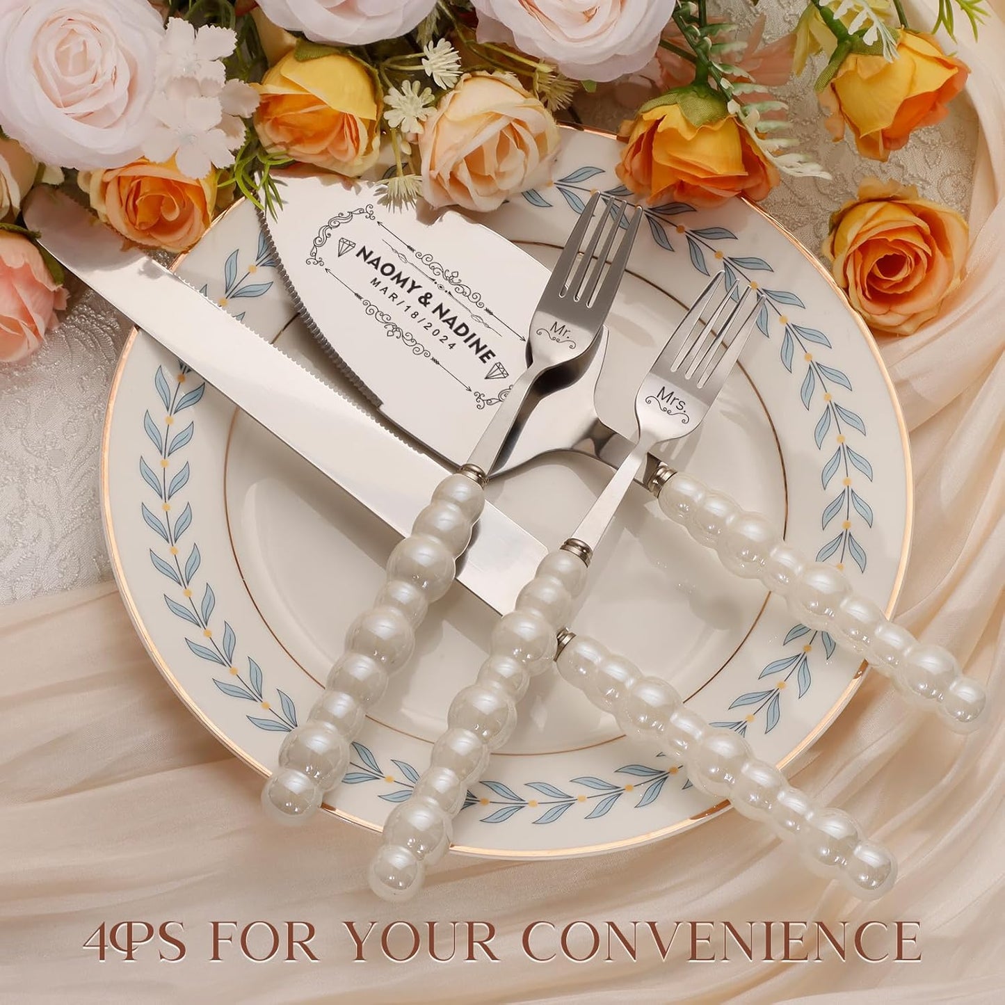 Pearl Wedding Cake Knife and Server Set with Forks, Cake Cutting Set with Stainless Steel Serrated Edges, Silver Pie Cutter Pizza Spatula, Gift for Bridal Couples Engagement (Mr & Mrs)