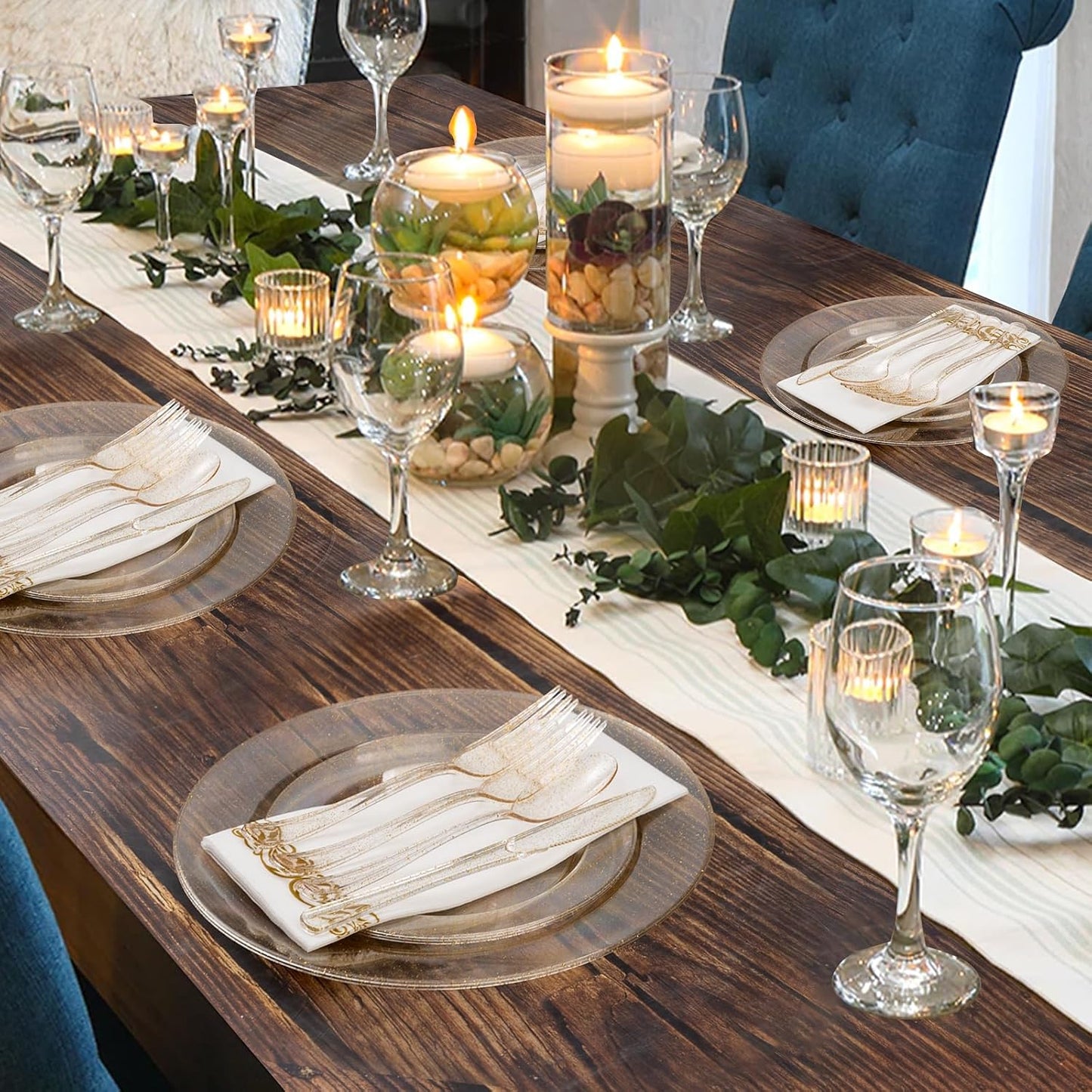 Goodluck 350 Pieces Gold Dinnerware Set for 50 Guests, Plastic Plates Disposable for Party, Include: 50 Gold Rim Dinner Plates, 50 Dessert Plates, 50 Paper Napkins, 50 Cups, 50 Gold Silverware Set