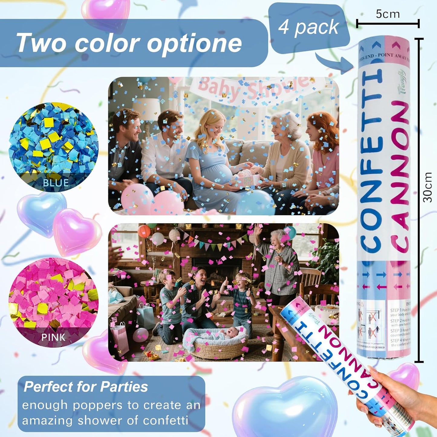 4 Pack Gender Reveal Confetti Cannon, 12 in Blue Rectangle Shaped Paper Party Poppers Cannons, Confetti Poppers For Baby Boy Gender Reveal Baby Showers (Rectangle, Blue)