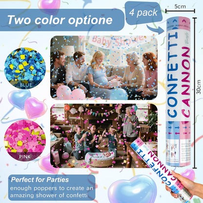 4 Pack Gender Reveal Confetti Cannon, 12 in Blue Rectangle Shaped Paper Party Poppers Cannons, Confetti Poppers For Baby Boy Gender Reveal Baby Showers (Rectangle, Blue)