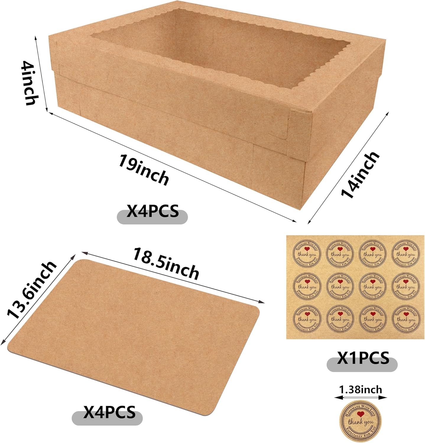 MUMULULU 4 PCS 19x14x4 Inch Cake Boxes with Cake Board White Sheet Rectangular Bakery Boxes with Window for Donuts Cookies Dessert Cupcakes Pastry Baking Pie Packaging