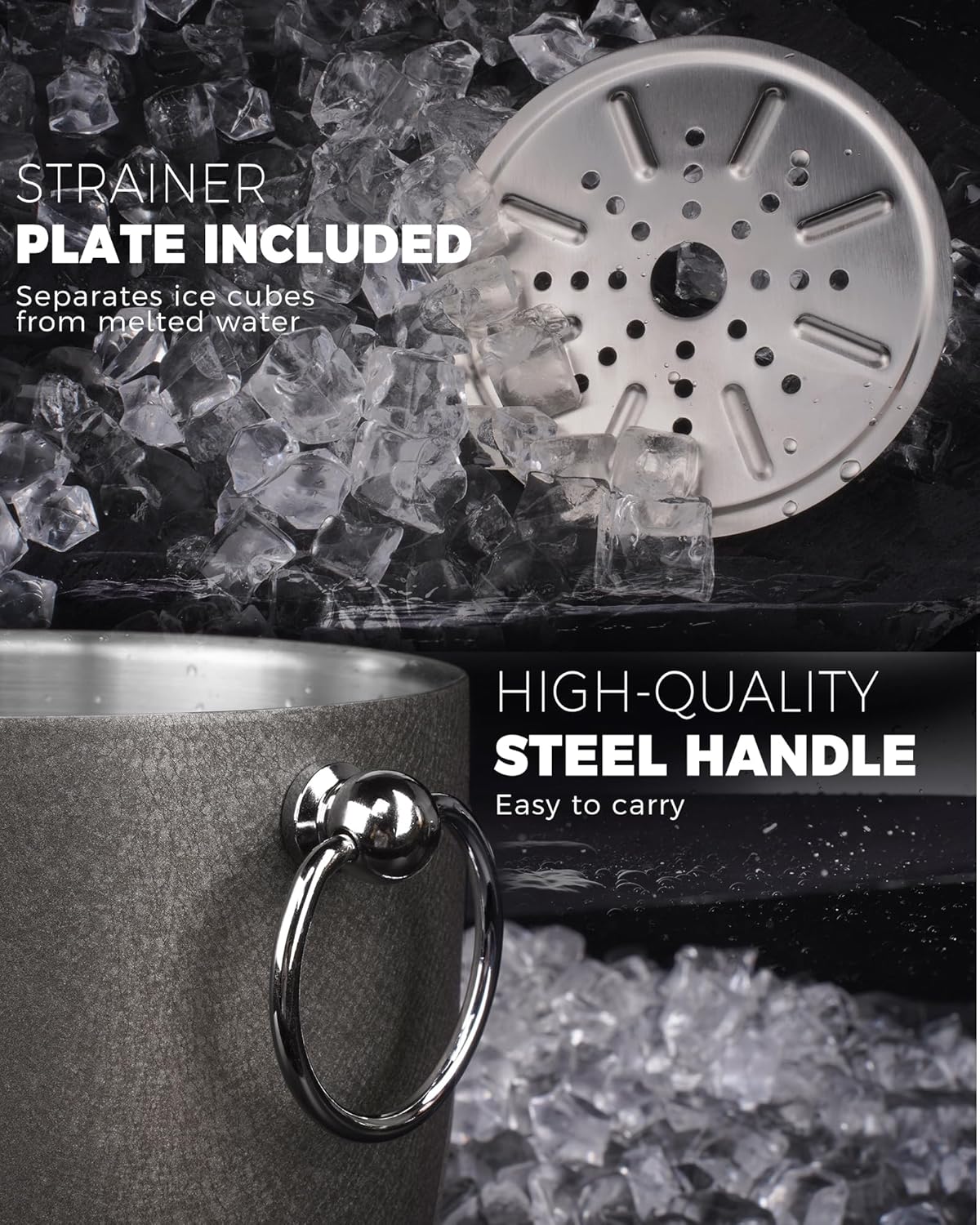 POLIVIAR Ice Bucket, 2.5L Double Wall Ice Bucket with Lid, Stainless Steel Ice Bucket with Tong & Strainer, Ice Bucket for Cocktail Bar, Home & Parties, JX2023-IBLU