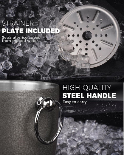 POLIVIAR Ice Bucket, 2.5L Double Wall Ice Bucket with Lid, Stainless Steel Ice Bucket with Tong & Strainer, Ice Bucket for Cocktail Bar, Home & Parties, JX2023-IBLU