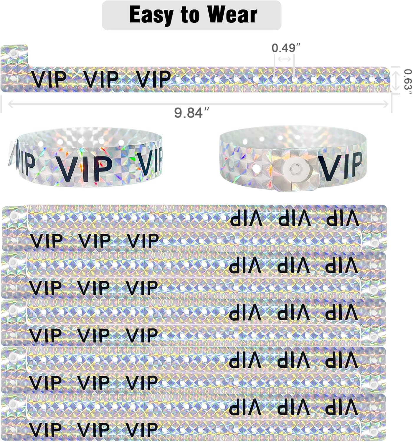Ouchan Holographic VIP Plastic Wristbands Silver - 100 Pack Vinyl Wristbands for Events Parties