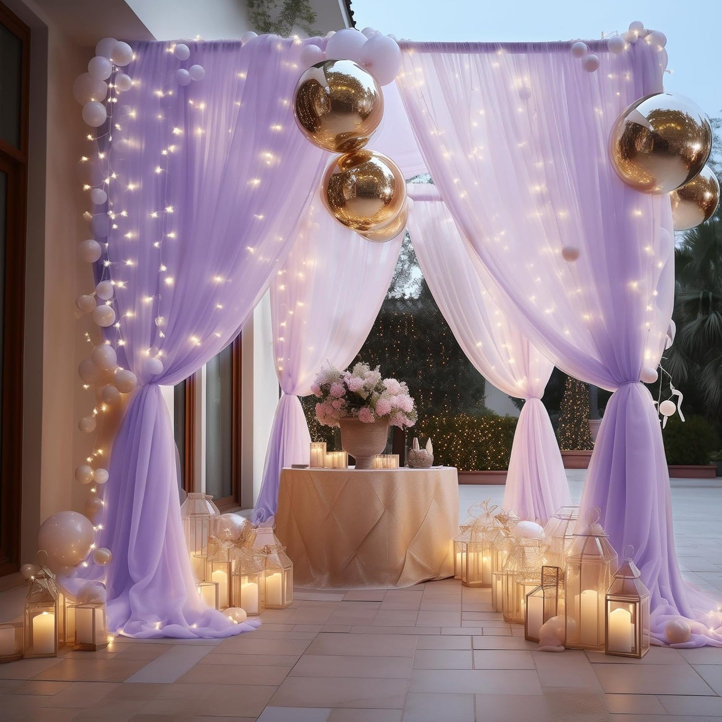 Fomcet Tulle Backdrop Curtains with Lights String White 10FT X 8FT Sheer Curtain with Lights Tulle Curtains Backdrop for Wedding Birthday Party Baby Shower Photo Shoot (2 Panels 5x8FT)