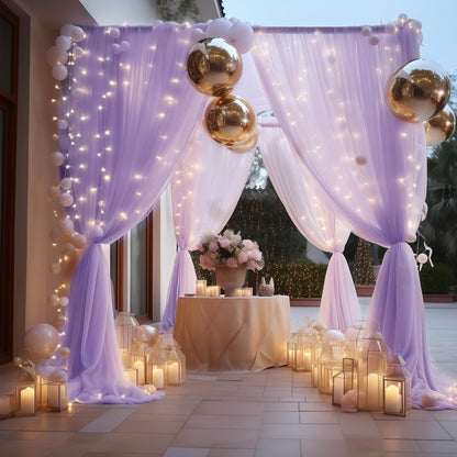 Fomcet Tulle Backdrop Curtains with Lights String White 10FT X 8FT Sheer Curtain with Lights Tulle Curtains Backdrop for Wedding Birthday Party Baby Shower Photo Shoot (2 Panels 5x8FT)