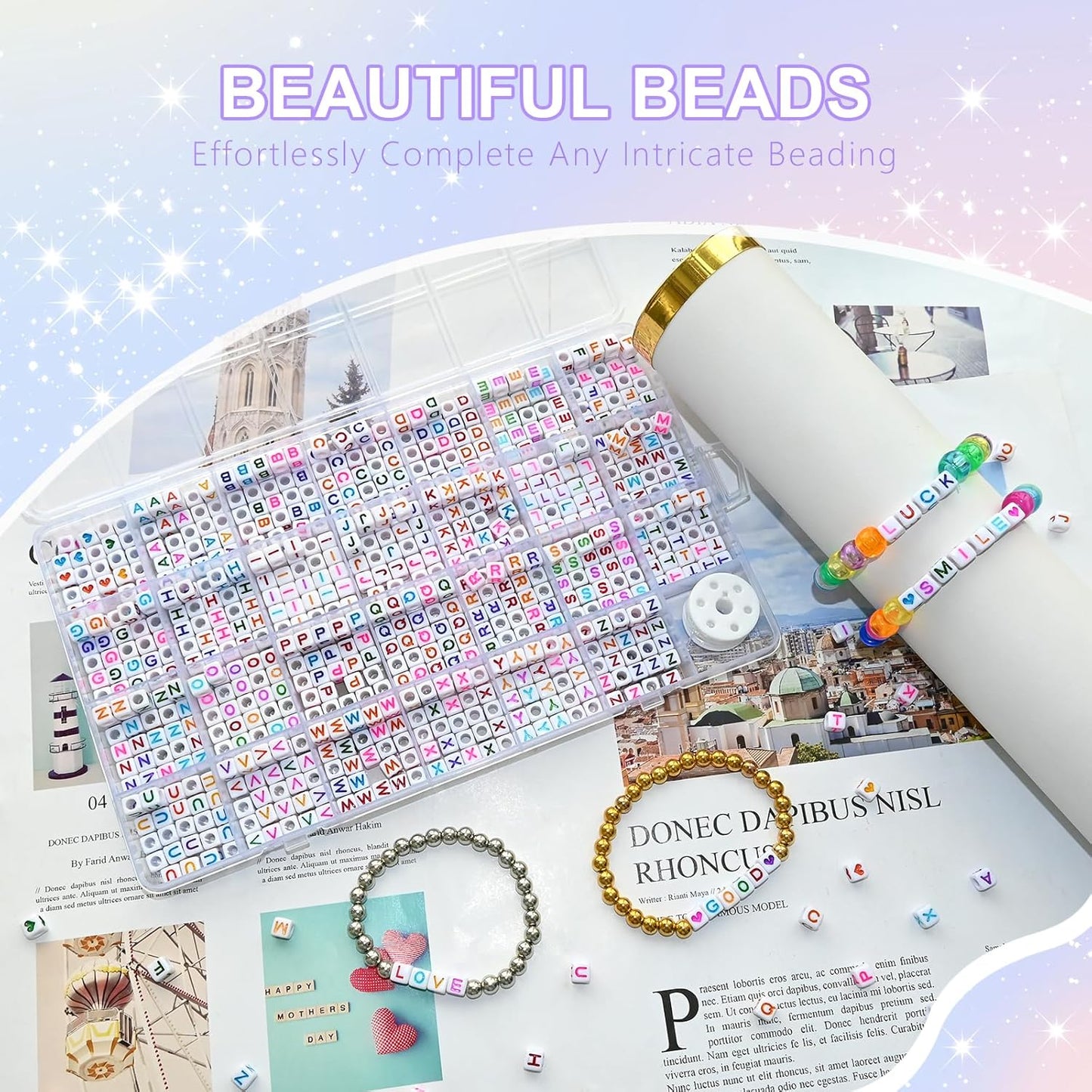 Amaney 1400pcs Glow Letter Beads, Heart Beads Whit Elastic Beading Cord,4x7mm Round Acrylic Alphabet Beads for Friend Bracelet Jewelry Making