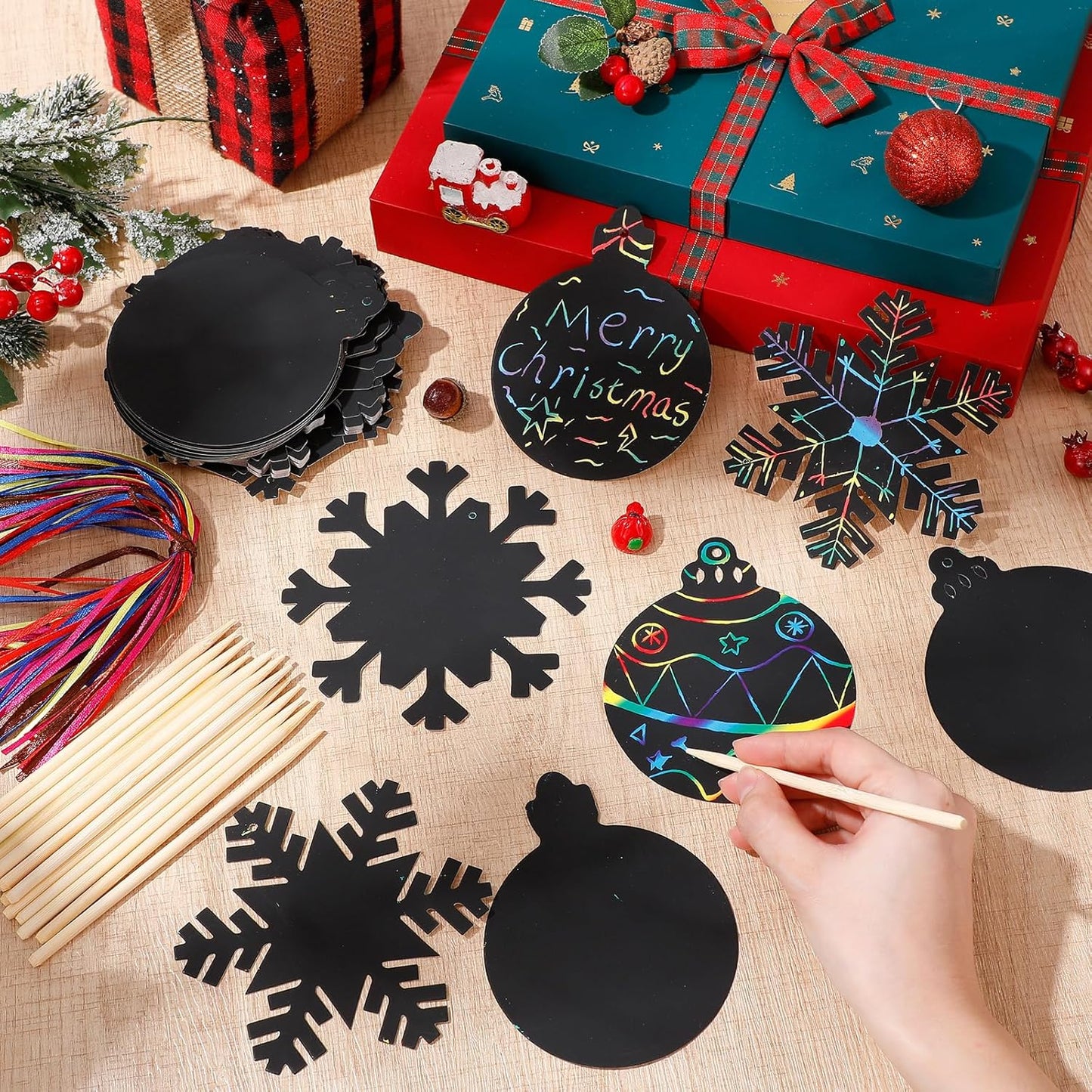 Yeaqee 80 Pcs Christmas Ornament Scratch Cards Christmas Scratch Paper Art with Drawing Sticks and Ribbons DIY Xmas Magic Paper for Winter Xmas Home Party DIY Activities (Ornament)