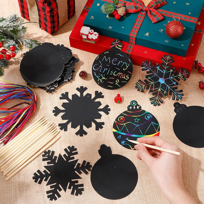 Yeaqee 80 Pcs Christmas Ornament Scratch Cards Christmas Scratch Paper Art with Drawing Sticks and Ribbons DIY Xmas Magic Paper for Winter Xmas Home Party DIY Activities (Ornament)