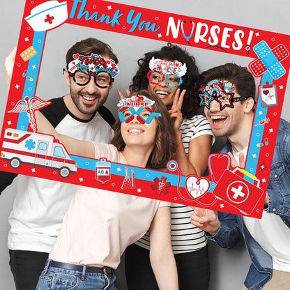 HOWAF Nurse Photo Booth Props Kit - Thank You Photo Frame with 14pcs Paper Glasses for Nurse Appreciation Week Decorations, Funny Eyeglasses