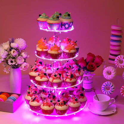 YestBuy Cupcake Stand with Yellow Led Lights, 4 Tier Cupcake Stand for 50 Cupcakes, Acrylic Cupcake Tower Stand, Clear Tiered Cupcake Holder for Birthday Cady Bar Décor Weddings, Parties Events